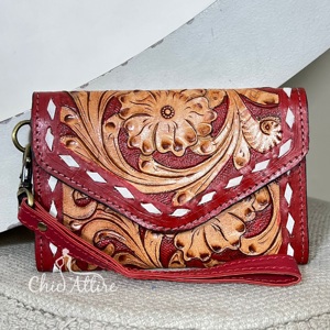 Personalized Tooled cowhide leather Floral <b>Embossing</b> Wristlet Wallets Women's RFID Cash <b>Card</b> Holder Fold Closure Purse Bags - Product Image 1