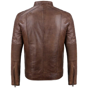 Men's Genuine Leather Moto <b>Jacket</b> Stand Collar Zipper Closure Solid Color Regular Sleeve Autumn - Product Image 2