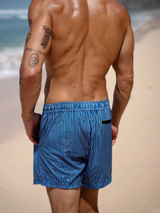 Bañador con estampado geométrico para hombre, pantalones cortos de playa de secado rápido, diseño estampado azul de cintura media, pantalones cortos de baño ecológicos - Product Image 4