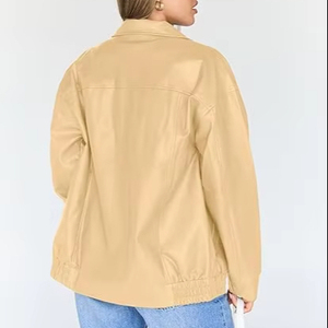 Women's Beige Bomber Jacket Full Sleeve Turn-down Collar Zipper Closure Autumn Style Solid Color Woven Polyester - Product Image 2