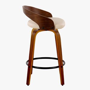 Sgabello da bancone Grotto da 26 pollici, stile Mid-Century Modern, altezza fissa, in legno di noce e similpelle crema, con sedia da pranzo girevole in metallo nero - Product Image 3