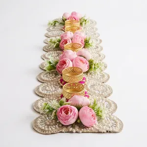 Floral Tapestry Table Runner with <b>Pink</b> Roses and Handmade Gold <b>Candle</b> Holders for Wedding Easter & Christmas Home Decor - Product Image 3