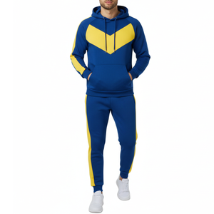 Ensemble de survêtement pour homme - Bleu et jaune doré - Sweat à capuche raglan - Vêtements de sport pour l'entraînement et la gym - Product Image 1