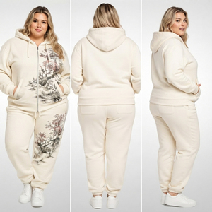 Ensemble survêtement molletonné imprimé écoresponsable pour femme grande taille – Sweat à capuche et pantalon décontracté pour l'hiver avec fermeture éclair intégrale et face en French Terry - Product Image 5