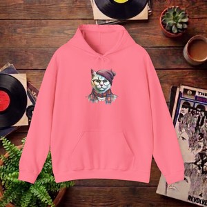 Sudadera con Capucha Rosa con Estampado de Gato de Dibujos Animados, Unisex, Informal, para Otoño - Product Image 1