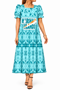 Vestido Mumu Micronésico Personalizado, Estampado Tribal Polinesio Tapa, Vestido Maxi con Mangas Abullonadas y Volantes, Ropa de Moda Cultural OEM - Product Image 6