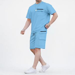 Men's Light Blue Casual Two Piece <b>Set</b> Crew Neck T-Shirt And Cargo Shorts Solid Color Breathable <b>Knitted</b> Summer Wear - Product Image 1