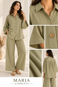 Ensemble 2 pièces style vacances le plus vendu - Blouse boutonnée vert olive et pantalon décontracté à jambes larges en lin/coton respirant - Vente en gros - Product Image 6