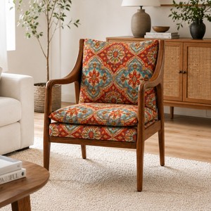 Sillón de madera de estilo moderno de mediados de siglo con respaldo sólido y tapicería con patrones coloridos para sala de estar - Product Image 3