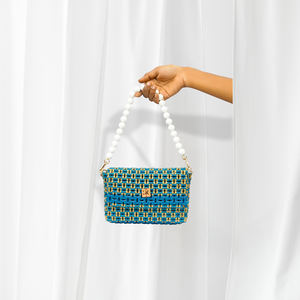 Elegant <b>Blue</b> and Gold Tote Handbag with Pearl Handle Sophisticated Stylish Shoulder <b>Bag</b> for Women Perfect for <b>Parties</b> and Daily - Product Image 1