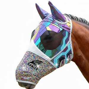 Masque anti-mouches pour chevaux, doux, extensible, protection UV, confortable, avec oreilles, respirant, élastique, avec couvre-yeux en maille - Product Image 1