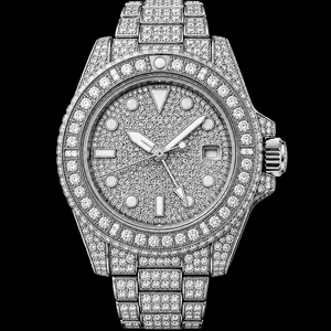 Montre pour homme argentée avec cadran serti de pierres étincelantes, affichage de la date, montre de luxe tendance pour les occasions festives - Product Image 1
