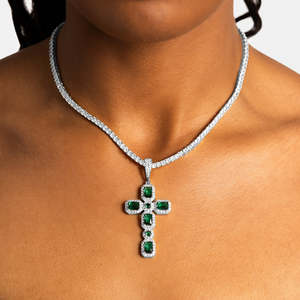Luxury Silver Emerald Green <b>Cross</b> Pendant Necklace | Halo Christian <b>Cross</b> <b>Charm</b> with Tennis Chain | Stainless Steel Religious - Product Image 1