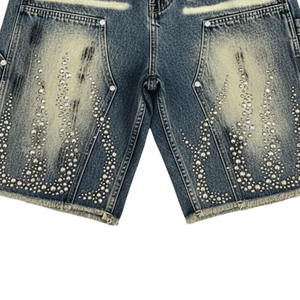 2026 New Arrival <b>Men's</b> Vintage Rhinestone Baggy Denim Shorts Distressed Hand-<b>Studded</b> Y2K Streetwear Casual Summer Jeans - Product Image 4