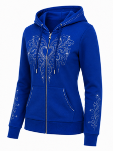 Sweat-shirt à capuche pour femme avec strass, manches longues, décontracté, avec cordon de serrage et poche avant - Product Image 5