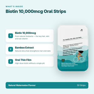 OEM ผลิตภัณฑ์เสริมอาหารไบโอติน 10000mcg แบบแผ่นฟิล์มบางสำหรับรับประทาน สารสกัดจากเซสบานีอาและไม้ไผ่ สำหรับผู้ใหญ่  วีแกน บำรุงผม ผิว เล็บ 30 แผ่น - Product Image 2