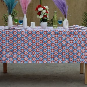 Nappe rectangulaire en coton à motifs floraux bleus et rouges, imperméable, pour usage extérieur, décorations - Product Image 5