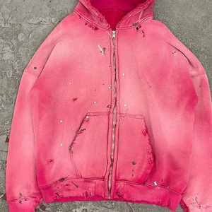 เสื้อฮู้ดดี้ย้อมสีแบบแอซิดวอชสำหรับผู้ชาย ผ้าฝ้ายหนานุ่ม เฟรนช์เทอร์รี่ สีชมพูวินเทจซีดจาง ซิปหน้า สไตล์ดิสเทรส แบบสวมหัว สไตล์วิทยาลัย - Product Image 6