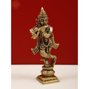 Escultura pequeña hecha a mano de 4 pulgadas de latón Lord Krishna Idol tocando la flauta hecha en India - Product Image 2