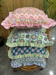 Elegant Handmade Cotton Luxury Floral Block Print Throw <b>Pillow</b> Cover Ruffle Edge Boho <b>Sofa</b> Cushion Case Zipper Closure - Product Image 5