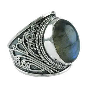Cincin batu permata Labradorite api biru bersinar 925 cincin perak murni perhiasan cincin perak buatan tangan pemasok perhiasan India