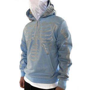 Sweat-shirt à capuche bleu clair pour homme, fermeture éclair quart de tour, imprimé squelette en strass, coupe classique, streetwear, tenue décontractée d'automne - Product Image 4