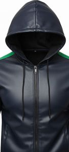 Men's Hooded PU Leather Tracksuit Set Dark Blue Green Color Block Slim Fit Sporty Style - Product Image 2