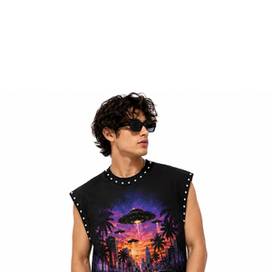Camiseta sin mangas con cuello redondo y estampado de UFO City, ribete de diamantes de imitación, transpirable, estilo urbano, 100% algodón, corte holgado para hombre - Product Image 2