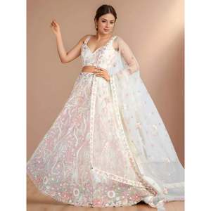 Bridesmaid Lehenga Choli with Dupatta-White <b>Sequins</b> Net Designer Set - Product Image 1