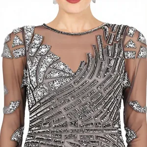 Robe de soirée élégante gris ardoise à sequins géométriques, coupe fourreau, manches longues, longueur ras du sol, col en V, transparente, formelle, maxi - Product Image 5