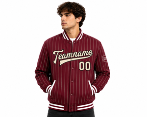 Custom Pinstripe Varsity <b>Jacket</b> <b>Men</b> Maroon <b>White</b> Stripes Team Name Number Logo Print Preppy Style Autumn Sportswear - Product Image 5