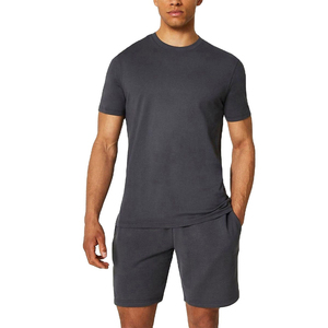 Men's Plus Size Solid V-neck T-Shirt <b>Set</b> Dark Gray <b>Knitted</b> Casual Summer Breathable Short Sleeve Pants 100% Polyester - Product Image 1