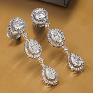 14K <b>Gold</b> Micro-Pave Halo <b>Dangle</b> <b>Earrings</b> with 6.74 CT Multi-Shape Lab Grown Diamonds VVS1 Clarity Emerald Cut - Product Image 4