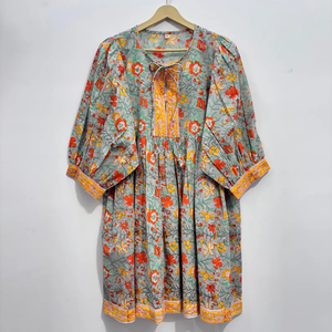 Vestido Casual Midi de Algodón Tejido con Estampado Floral para Mujer, Mangas Abullonadas, Cintura Imperio, Estilo Babydoll, Cuello en V, Corte Holgado - Product Image 3