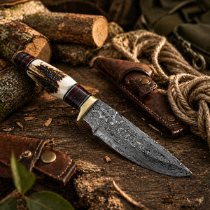 Couteau de camping Skinner en acier Damas fait main, manche en corne, étui en cuir, qualité DIY, OEM disponible, 10 pouces, pointe clip. - Product Image 4