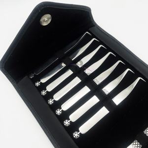 Pince à épiler pour extensions de cils RMI Silver Shin, poignées plates/diamantées, acier inoxydable et couleur noire, kit de 14 pinces. - Product Image 4