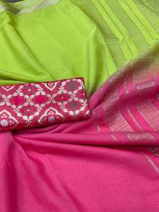 Sari de Chiffon de Seda Pura con Brillo, Pallu con Tejido Chit, Teñido a Mano de Jaipur, Borde con Tejido Zari Rico, Listo para Fiestas - Product Image 4