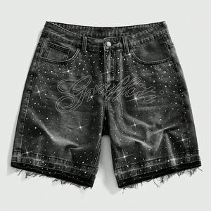 Pantalones cortos de mezclilla casuales Up Felt personalizados para hombre con letras gráficas y pedrería en el bolsillo, 100% tela vaquera, para venta al por mayor - Product Image 1