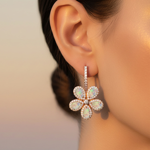Trendy Flower Design Dangle Drop <b>Earrings</b> in 18K Solid Gold Adorned With Natural Ethiopian <b>Opal</b> & Real Diamonds at Bulk Prices - Product Image 2