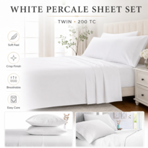 Parure de draps en percale blanche 200TC style américain, comprenant 4 pièces (draps-housses et draps plats) pour la maison ou l'hôtel, taille double. - Product Image 1