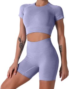 Ensemble de vêtements de sport pour femmes en tricot, haut court à manches courtes, short au-dessus du genou, couleur unie, respirant, sportif, pour la gym et le yoga - Product Image 5