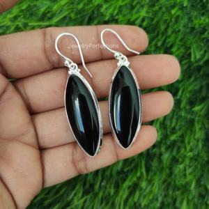 Stylish 925 Sterling Silver Bohemian Style Black <b>Onyx</b> Long Dangle <b>Earrings</b> Women's Marquise Shape Wedding Party Jewelry - Product Image 4