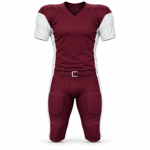 Ensemble d'uniformes de football américain 12 panneaux bordeaux et blanc avec rembourrage et panneaux latéraux intégrés - Product Image 1