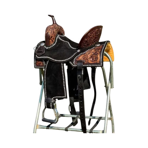 Falda cuadrada negra Sillín de caballo de equitación occidental portátil Sillín de doma occidental para caballos Cuero Paquete personalizado - Product Image 1