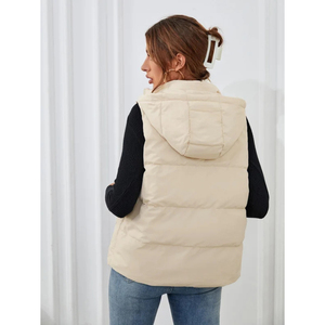 Gilet matelassé en cuir d'agneau véritable pour femme, coupe-vent respirant avec col à capuche amovible, couleur naturelle, véritable - Product Image 2
