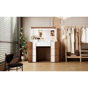 Élégante coiffeuse de 44,4 pouces avec grand miroir éclairé, prise de courant, 7 tiroirs et étagères - Product Image 3