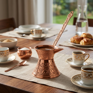 Cezve en cuivre pur fait main, style calice évasé, gravée, avec longue bec et poignée plate en métal gravé, pour café turc et Briki grec - Product Image 3