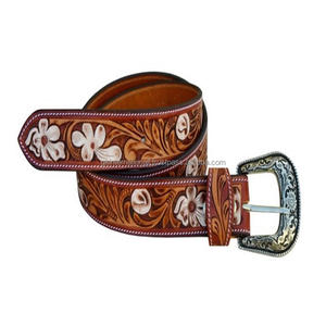Personalized Design hand carved floral embossed western <b>leather</b> tooling <b>belt</b> for <b>men</b> and women at wholesale manufacturer India - Product Image 1
