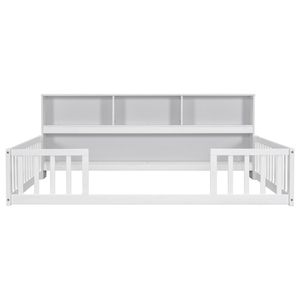 <b>White</b> Full Floor Bed with Side <b>Bookcase</b> Shelves & Guardrails - Product Image 4