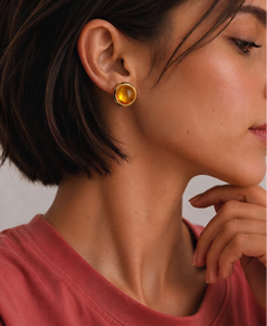 Citrine Gemstone Stud Earrings Gold Plated Dainty <b>Post</b> Earrings Handmade cabochon <b>Round</b> Gemstone Jewelry Gift For Her R - Product Image 1